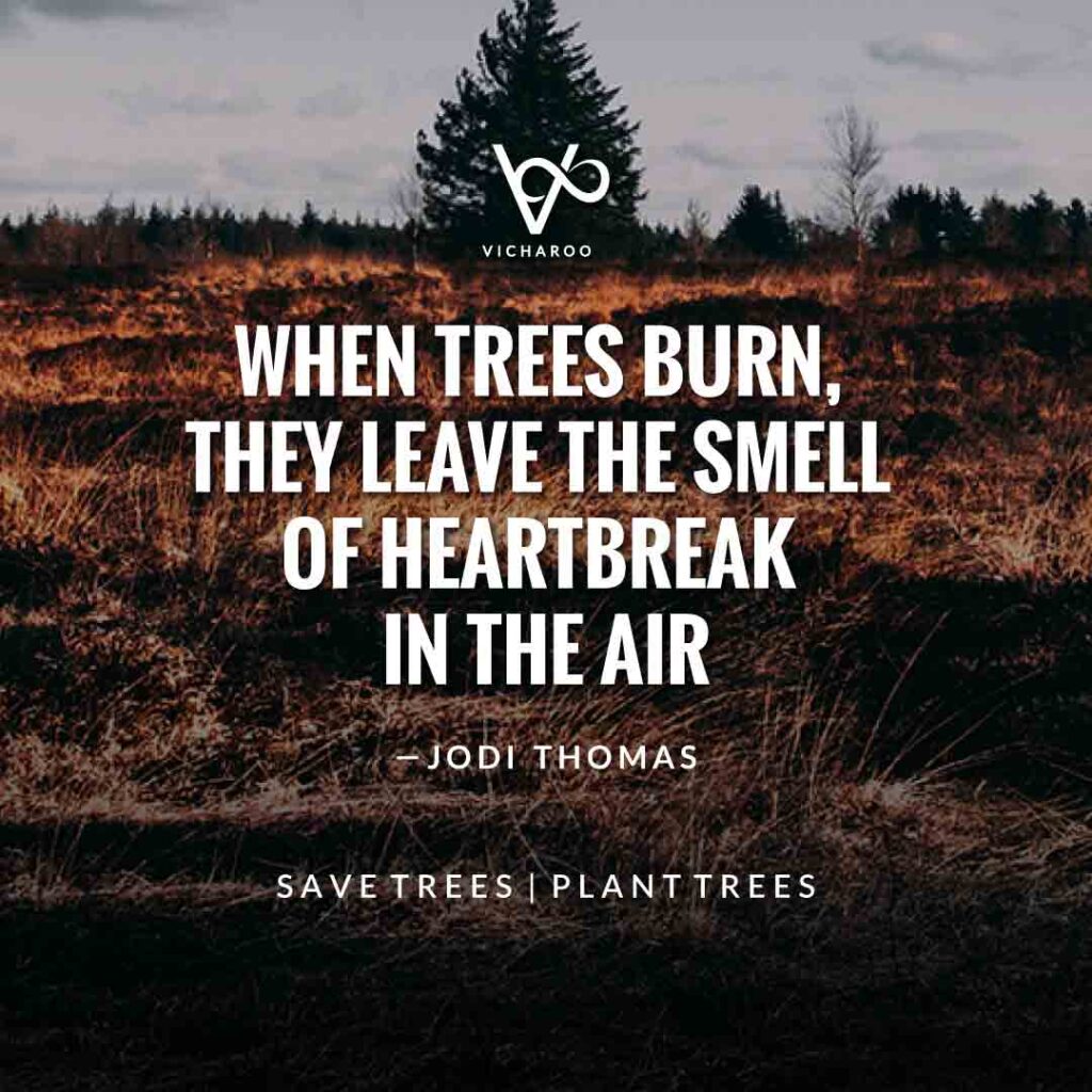 When trees burn, they leave the smell of heartbreak in the air - Jodi Thomas | Save Forests | Tree Plantation Slogans & Quotes | Vicharoo