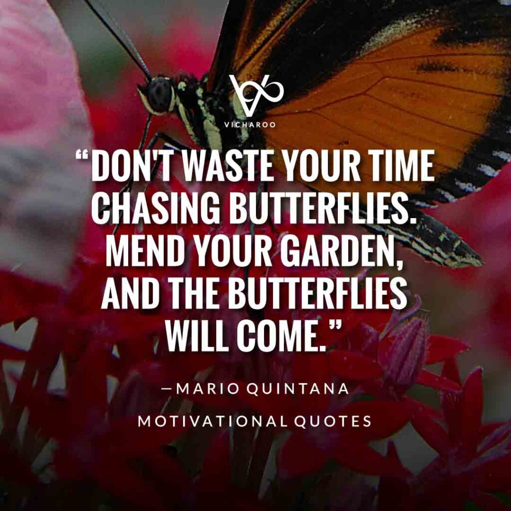 Don't waste your time chasing butterflies. Mend your garden, and the butterflies will come. — Mario Quintana | Save Butterfly Slogans and Quotes | National Learn About Butterflies Day